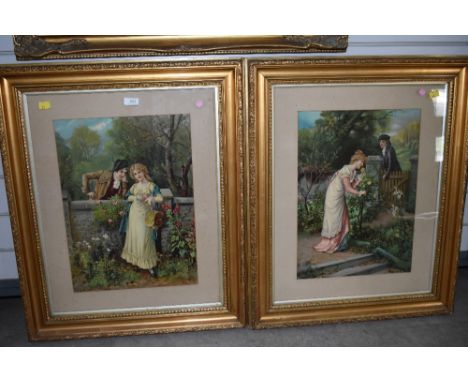 Two large full colour Victorian prints of courtship and oil on board