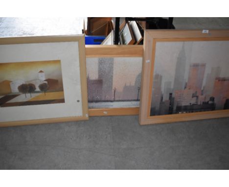 A selection of modernist style prints on board with pine frames