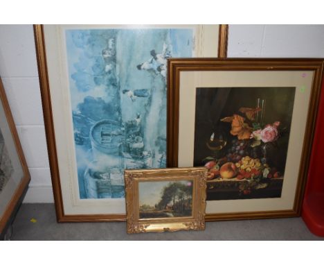 A selection of prints and large picture frames including smaller gilt and plaster effect frame