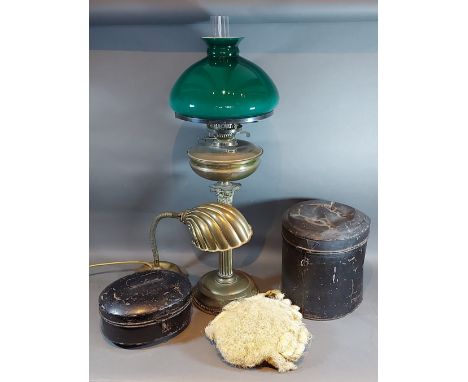 A 19th Century barristers wig within metal box, together with another wig box, a brass oil lamp with glass shade and a brass 