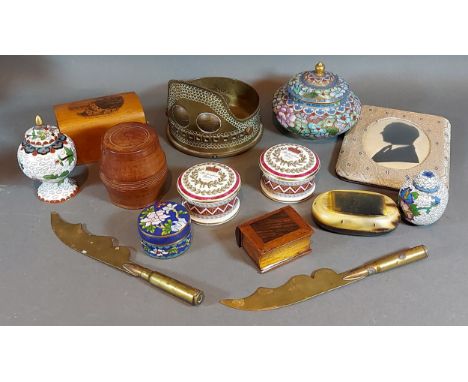 A trench art candlestick made from a brass shell case, together with a collection of other items to include a silhouette 