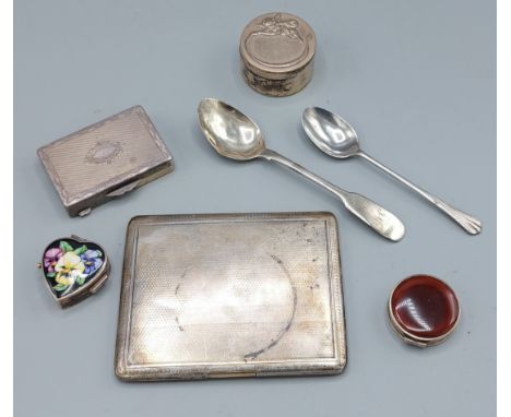 A 925 silver snuff box together with three silver small boxes, a London silver cigarette case and two silver spoons 