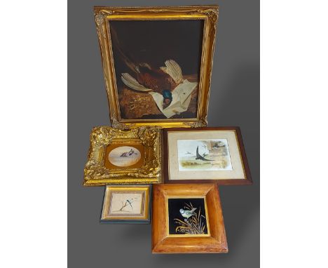 A 20th Century oil on canvas, dead game together with three other pictures depicting birds and a painted tile 