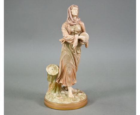 A late Victorian Royal Worcester gilded figure of a woman beating a small drum, impressed signature 'Hadley', no 1567, date m
