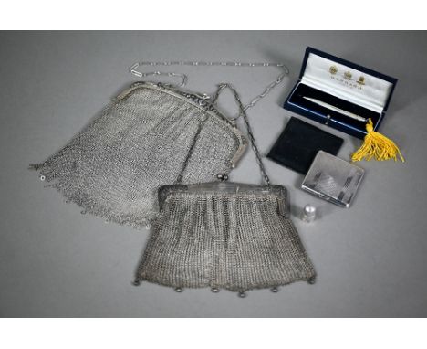 A silver mesh evening bag, London import 1913, to/w a Portuguese .833 standard example; lot also includes a Garrards-cased si