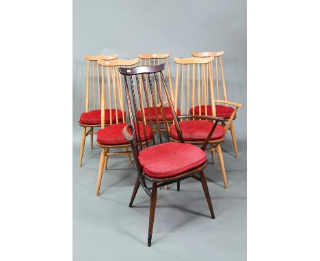 A set of six mid-century Ercol Windsor 'Goldsmith' dining chairs (model 369) comprising one carver and four standard chairs i