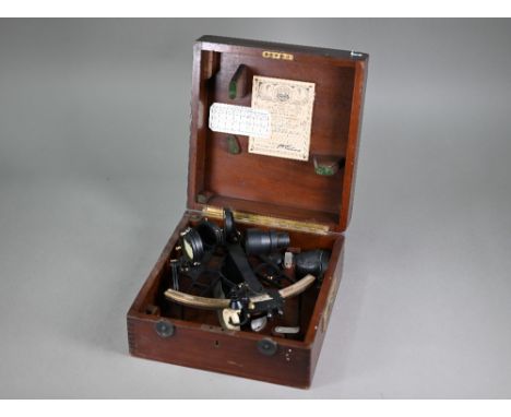 A Henry Hughes &amp; Son 'Husun' lacquered brass sextant with silvered scale and two scopes, boxed with certificate, 1946