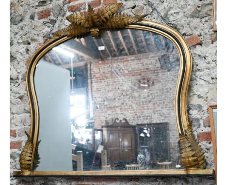 A Victorian giltwood and composite over-mantel mirror with black and gilt frame and applied gilt leaf decoration, 104 cm x 12