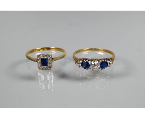 Two sapphire and diamond set rings, one graduated with three diamonds and two blue sapphires, size Q 1/2, 18 ct yellow gold a