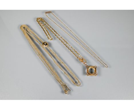 A 15ct fob compass on fancy link chain to/w two other yellow metal chains etc, approx 30g 