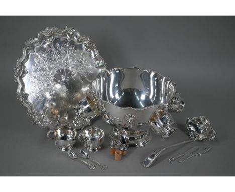 A Walker &amp; Hall electroplated 37cm salver, to/w a plated on copper punch bowl with associated cups and ladle 
