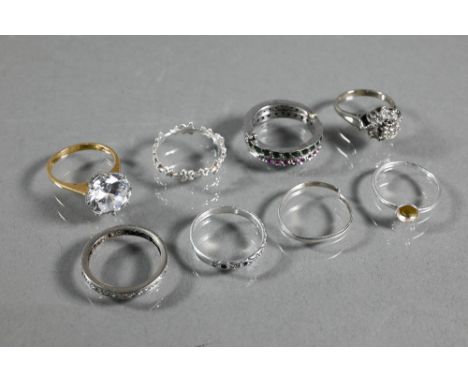 A collection of various rings including diamond set full eternity ring, size O 1/2; 9ct yellow gold ring set large cubic zirc