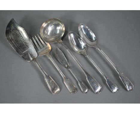 A matched set of Victorian silver fiddle and thread serving flatware, including soup spoon, basting spoon, fish slice, stuffi