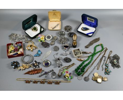 Collection of vintage and later costume jewellery including bead necklaces, enamelled butterfly brooch, Chinese mother-of-pea