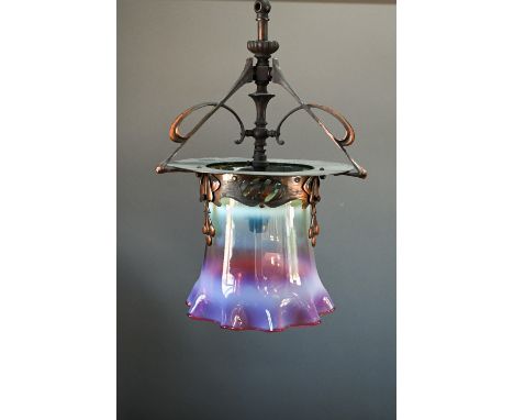 A single coppered Art Nouveau ceiling light in the manner of WAS Benson, of open organic form, suspended by a centre rod with