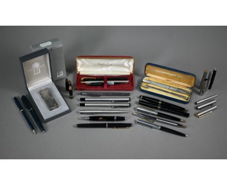 A boxed and cased white metal Dunhill Rollagas cigarette lighter to/w a cased silver 'Yard-o-Led' ballpoint pen, Waterman C/F