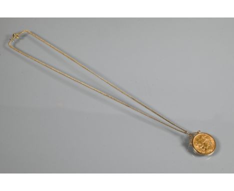 A George V half sovereign dated 1914 in scroll mount, on 9ct yellow gold chain, approx 7.5g all in 