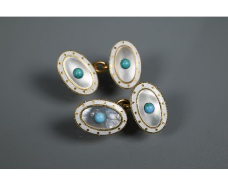 A pair of oval chain-linked cufflinks with white enamel and mother of pearl decoration, the centre set with turquoise bead, u