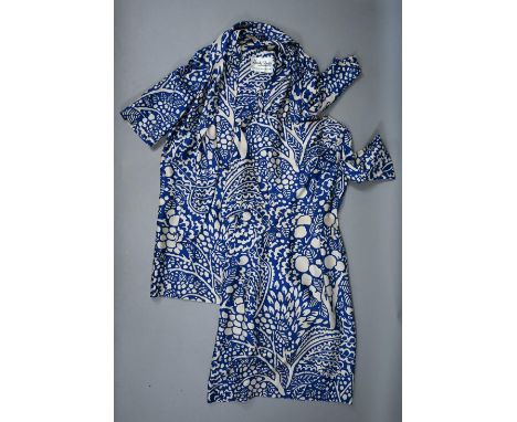 Hardy Amies - A vintage two-piece in blue and cream silk, comprising dress of plain form with matching coat, approx size 14&n