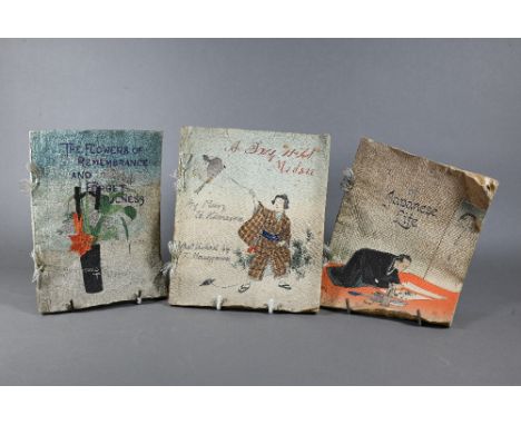 Three 19th century Japanese crepe-paper children's books published by T. Hasegawa, Tokyo - 'A Day With Mitsu' by Mary G. Kimu