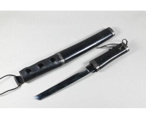 A Japanese Samurai style Tanto knife with 18 cm steel blade, black leather handle and scabbard/saya with cast black metal dra