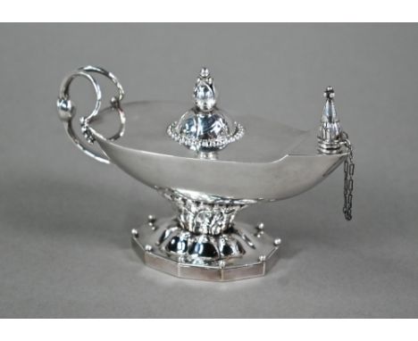 A Georg Jensen Sterling silver 'Aladdin's Lamp' table lighter with foliate-chased cover ond stem, organic scrolling handle an