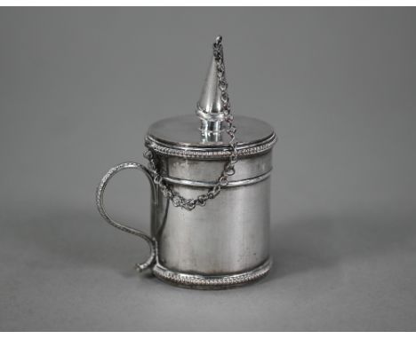 A Georgian old Sheffield plate wax-jack (or bougie box) of cylindrical form with beaded rims and handle, c/w a conical snuffe