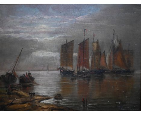 W Mitchell - 'Fishing boats in calm', oil on panel, inscribed, signed and dated 1886 verso, 22 x 28 cm 