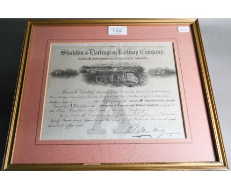 Railwayana - an 1858 Stockton &amp; Darlington Railway Company £25 share certificate, 19 x 24 cm, mounted framed and glazed 