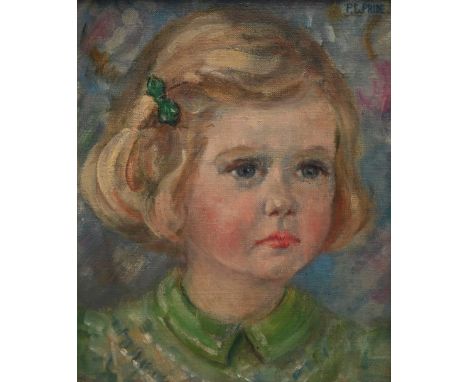 English school - Portrait of a young girl in green dress with bow in blonde bobbed hair, oil on canvas, circa 1930s, 29 x 24 
