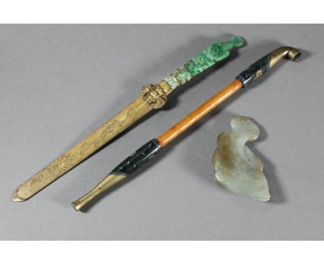 An antique Japanese bamboo and cloisonne smoking pipe (kiseru) Meiji or Taisho period, 21 cm to/w a Chinese celadon jade fish