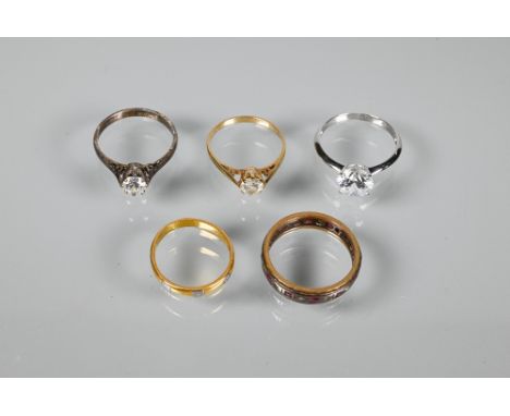 Five various rings including 9ct white gold set cubic zirconia, ruby and diamond full eternity ring, 22ct yellow gold and pla