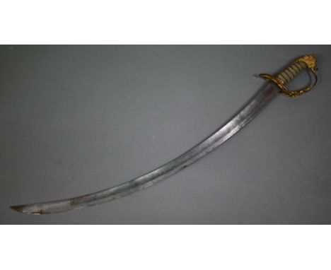 An 1805 pattern British Army officer's sabre with 76 cm curved blade, pierced gilt brass hilt with wired fishskin grip and li