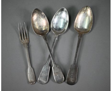 A Victorian Irish silver fiddle pattern tablespoon, Dublin 1845, to/w two other fiddle pattern tablespoons, London 1835/39 an