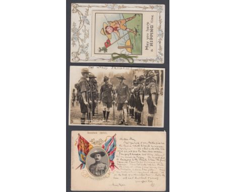 POSTCARDS SCOUTING, three postcards with 1929 photographic World Jamboree depicting GVI &amp; Baden Powell, 1900 used card de