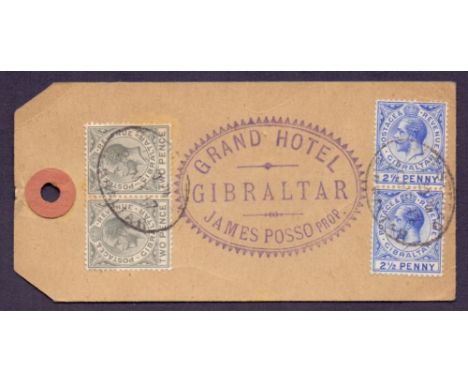 STAMPS : GIBRALTAR, parcel label with four GV stamps with Registered handstamps, also has a superb "Grand Hotel, Gibraltar" c