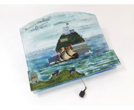 AUTOMATON. A hand painted 'Beware the Pirates of Penzance' automaton, with rocking ship. W30 x H27.5cm.  Please note that all