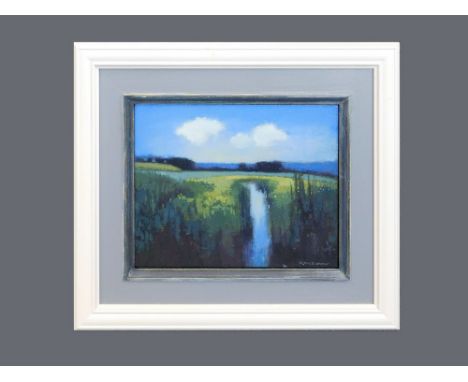 LYNNE E. WINDSOR. 'Spring Meadows' (Grove Ferry, Kent). Oil on linen panel. Signed. Signed & titled to the reverse. 20 x 25cm
