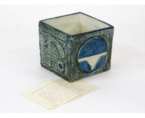 TROIKA POTTERY. A blue ground Troika Pottery cube vase decorated by Alison Brigden. Height 8.5cm. Provenance: Purchased by th