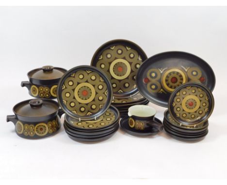 DENBY ARABESQUE. A Denby Arabesque dinner service comprising, 6 dinner plates, 6 supper plates, an oval platter, 2 lidded tur