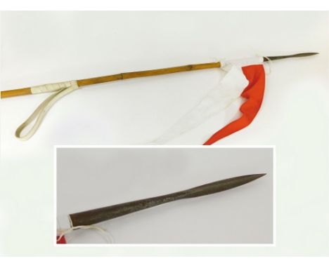 WWI CAVALRY LANCE. An 1894 Pattern WWI British cavalry bamboo lance with pennon & wrist strap (possibly not original?). Stamp