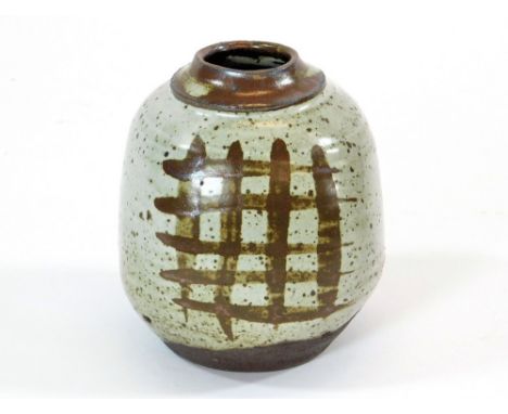 JANET LEACH. A vase with painted decoration by Janet Leach, Impressed personal & Leach Pottery marks. Height 12cm.  Please no