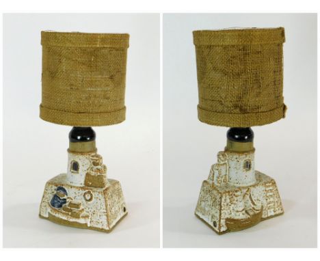 TREMAEN POTTERY. A Tremaen Pottery, Newlyn lighthouse design table lamp base with hessian shade. Height 15cm, plus shade 29cm