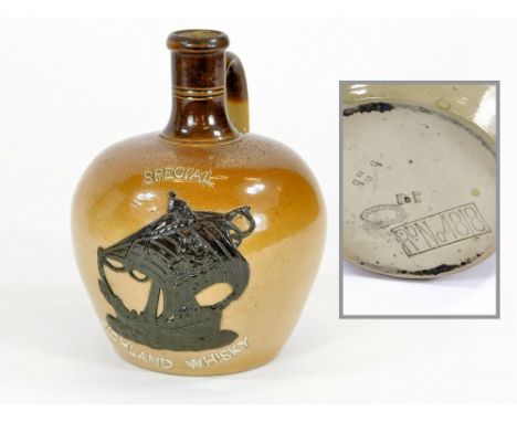 DOULTON LAMBETH. A Doulton Lambeth whisky flask, with applied decoration & naming for 'Special Highland Whisky'. Still with c