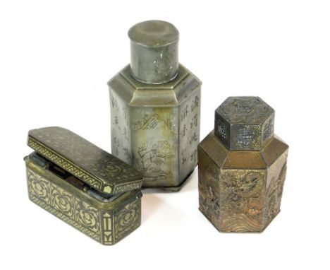 CADDIES ETC. A Japanese white metal hexagonal caddy with inner lid & cover. Also, a pewter caddy by Kut Hing, Swatow & a whit