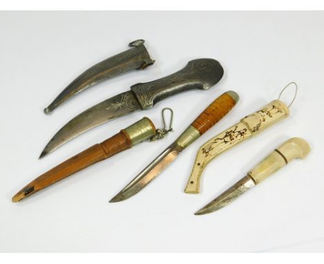 PERSIAN DAGGER ETC. A small Persian inlaid dagger & two other souvenir knives.  Please note that all items in this auction ar