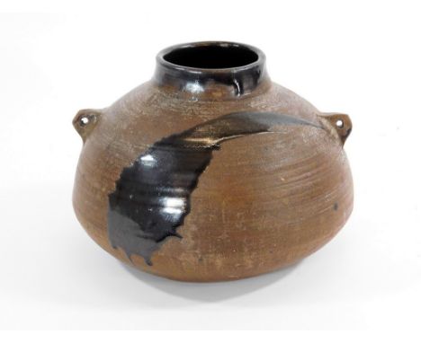 JANET LEACH. A large jar with lugs & poured glaze decoration by Janet Leach, Impressed personal & Leach Pottery marks. Maximu
