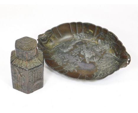 TEA CADDY ETC. A Japanese cast metal tea caddy & a Japanese dish with stamped marks to the base. (Dish handle a.f.). Width of