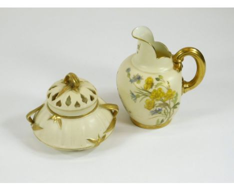ROYAL WORCESTER. A Royal Worcester shape No.1094 jug, height 13.5cm. Also, a Royal Worcester shape No.1326 pot pourri bowl, i