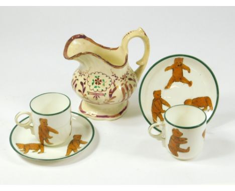 NURSERY WARE ETC. Two Teddy bear cups & saucers & a 19th century lustre jug.  Please note that all items in this auction are 